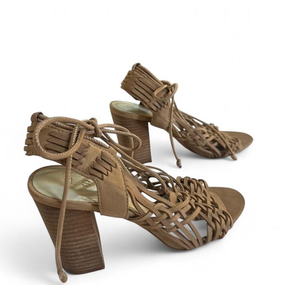 1 State Woven‎ Lace Up Heels Tan Block Heel Sandals Size 5.5